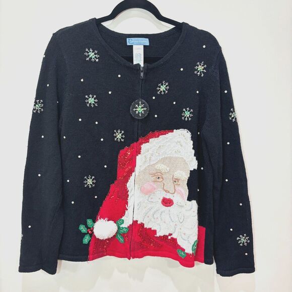 VTG Ugly Black Christmas Sweater Cardigan L Santa 3D Beads Snowflake Tacky - Picture 1 of 11